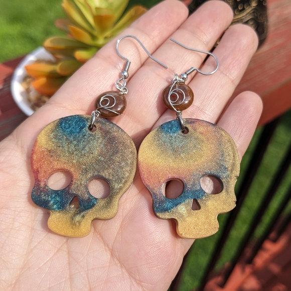 Fancy Jasper Earrings Beads Resin Skull Silver Wire Wrapped Resin Lightweight - Picture 8 of 9